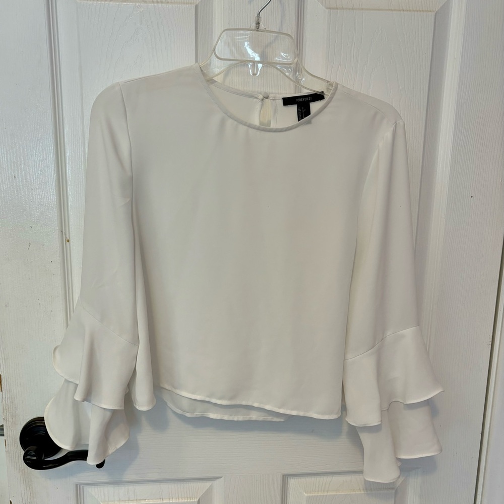White Ruffled Long Sleeve Blouse Shirt Size Small
